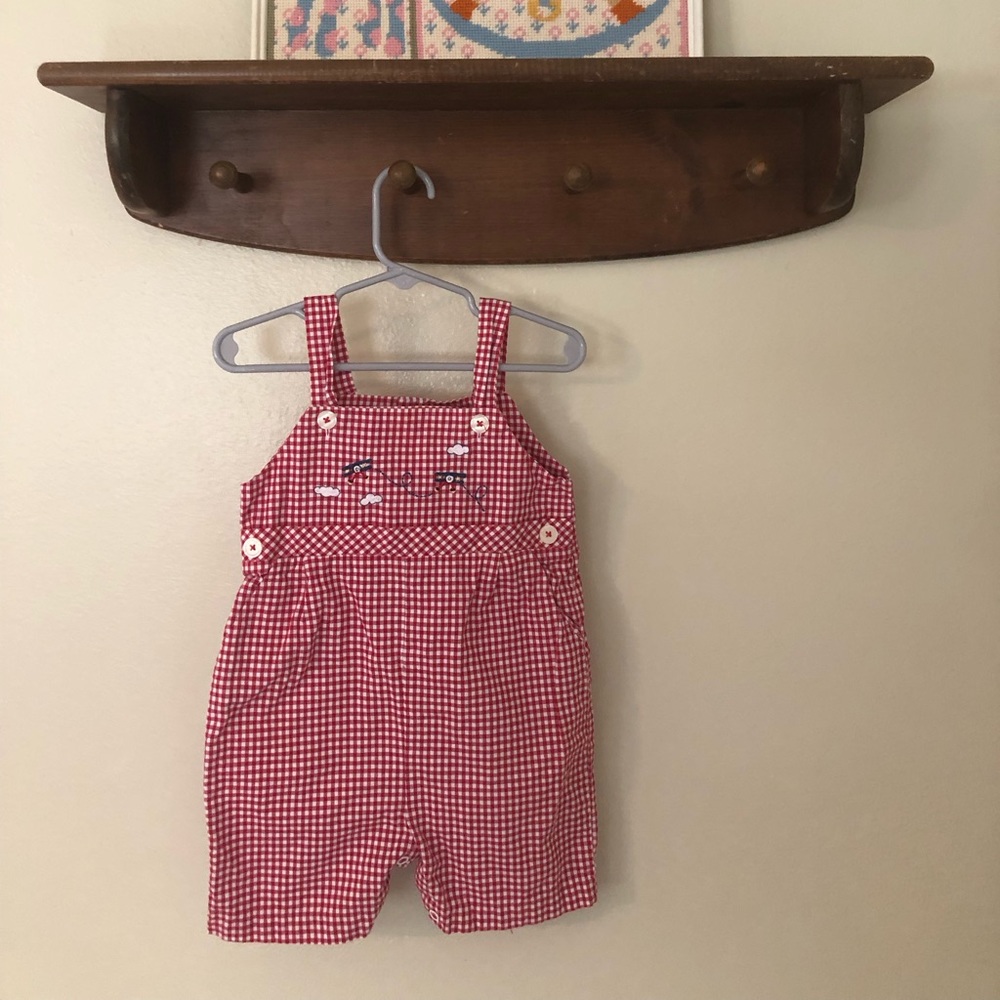 Vintage Carriage Boutique Red Gingham Airplane Boy Short Overalls 24m